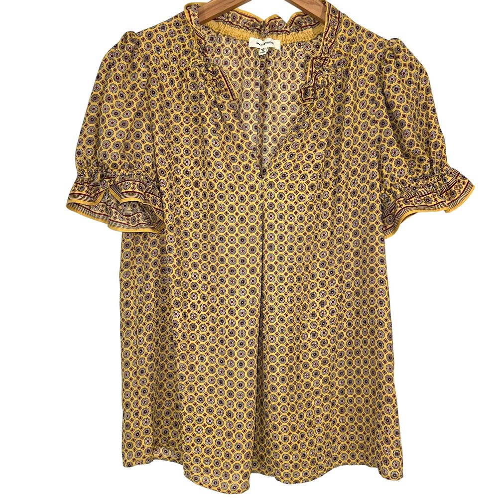Max Studio Medallion Print Short Sleeve Ruffle Neck Blouse Size Small